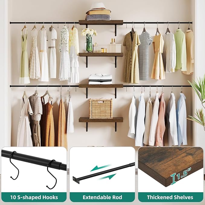 YITAHOME Wall-Mounted Closet System with Expandable Rod and Thickened Shelves – Adjustable Clothing Rack for Bedroom, Laundry Room and Cloakroom, Suitable for 2-8 Feets Space | Laundry Room and Cloakroom,Suitable for 2-8 Feets Space