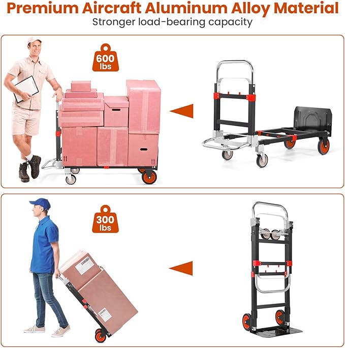 3-in-1 Folding Hand Trucks, 600Lbs Convertible Hand Truck Dolly, Heavy Duty Convertible Dolly with Retractable Handle and 4 Rubber Wheels, Collapsible Cart for Moving Office/Home/Warehous(Red)