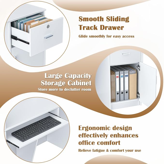 L-Shaped Reception Desk, Modern White High Gloss Front Desk with LED Lights, Lockable Drawer & Storage Cabinet, Keyboard Tray & Cable Management for Office, Beauty Salon & Retail Store