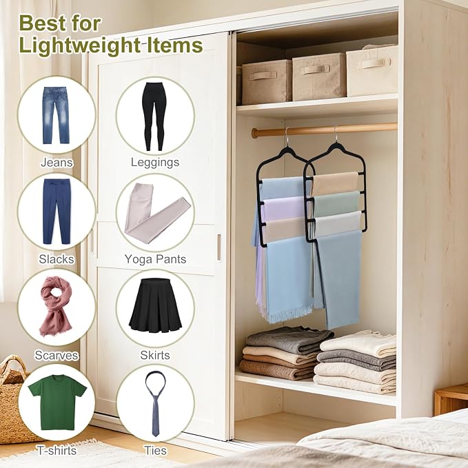 Pants Hangers Space Saving, 2 Pack Velvet-Coated Plastic Multi-Layer Hangers, Non-Slip Closet Organizer for Small Closets and College Dorms, Hanging Trousers, Scarves, Ties, Towels, Black