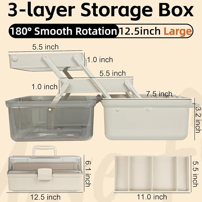 TERGOO 12.5in 3-Layer Multipurpose Craft Organizers and Storage with Adjustable Dividers, Portable Tackle Box, Folding Art & Craft Case for Medicine, Tool, Sewing Organizer (Brown)