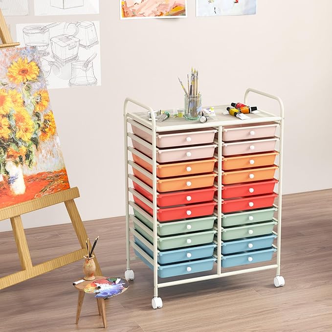 COSTWAY 20-Drawer Rolling Storage Cart, Utility Storage Organizer Cart | For Tools, Scrapbook, Paper, Craft, Multipurpose Storage Trolley on Wheels for Home Office School (Macaron)