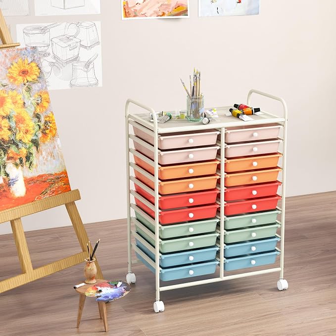 LDAILY 20-Drawer Rolling Storage Cart, Rolling Storage Cart, Storage Organizer on Wheels, Metal Frame, Scrapbook Paper Tools, Suitable for Office School, Classroom (Macaron, 20 Drawer)