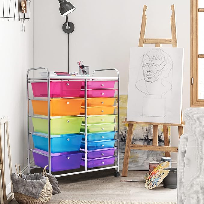 DREAMADE Rolling Cart with 15 Drawers, Utility Cart with Removable Storage Drawers, Lockable Wheels, Art Cart for Home Office Living Room Art Supplies Crafts (Rainbow, 25"L x 14.5"W x 34.5"H)
