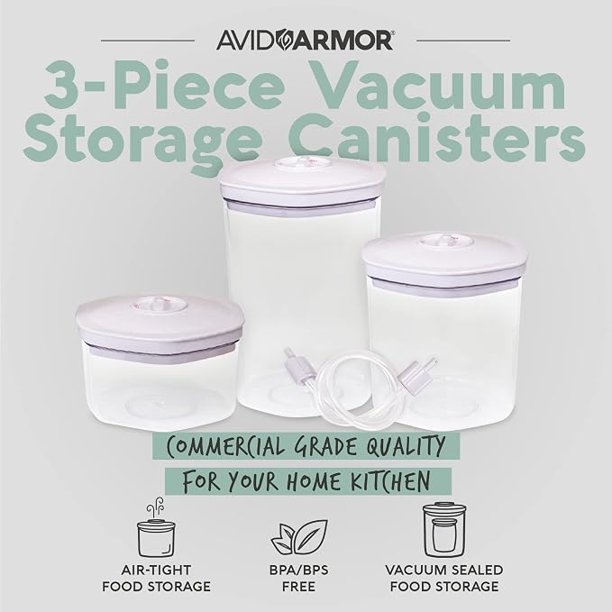 Avid Armor 3 Piece Vacuum Food Container Set for Home Kitchen with Accessory Hose in 2L, 1.4L, and 0.7L Sizes BPA Free