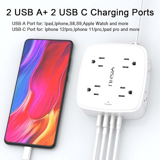 10 Ft Surge Protector Power Strip - YISHU 8 Widely Outlets with 4 USB Ports, 3 Side Outlet Extender with 10 Feet Flat Extension Cord, Ultra Flat Plug, Wall Mount, Desk USB Charging Station, ETL, White