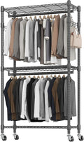 BATHWA Rolling Tall Garment Rack with 2 Rods & 3-Tier Adjustable Shelves, 35.5" W x 16.5" D x 80.7" H, Heavy Duty Clothes Hanging Racks Portable Wardrobe Closet Organizer for Bedroom, Laundry, Black