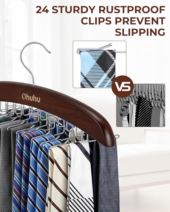 Tie Rack Hanger for Closet: Ohuhu 24 Folding Hooks Tie Hangers for Men Wooden Tie Holder Organizer Space Saving Necktie Storage 360 Degree Rotating Ties Belts Scarves Tank Tops Accessories-Walnut