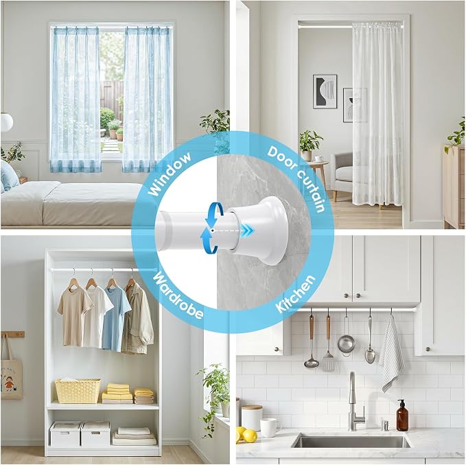 1Pcs Tension Curtain Rod 24 To 46 Inch White Shower Curtain Rod No Drilling Adjustable Spring Loaded Curtain Rods Shower Rods For Bathroom Windows Bedroom Closet Doorway Door