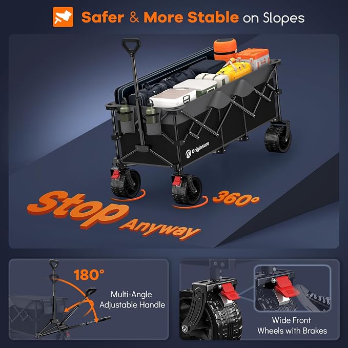 Originsure 48" L Collapsible Wagon Cart Foldable, 560lbs Weight Capacity 300L Heavy Duty Folding Beach Wagons with Big All-Terrain Wheels, Utility Carts for Groceries, Camping, Sports - Grey&Black