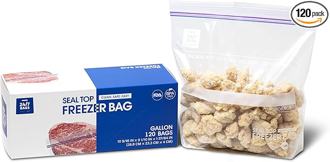 24/7 Bags- Gallon Freezer Bags, 120 Count with Stand Up Bottom and New Calendar Feature, Easy Fill