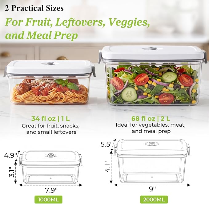 URPOWER Compact Vacuum Sealer Set with 2 Vacuum Containers for Food Storage (34 fl oz & 68 fl oz), Handheld Portable Vacuum Pump Vacuum Food Sealer Machine for Food Storage, Travel & Meal Prep