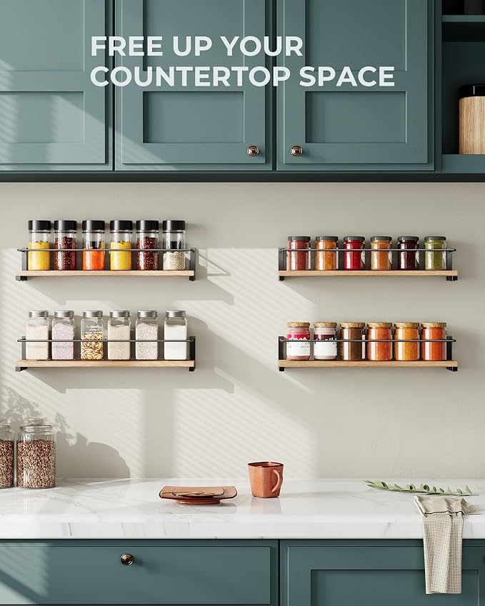 OROPY Wooden Spice Rack Wall Mounted, Over the Stove, Kitchen Wall, 4 Pack | Space-Saving Hanging Rack, Rustic Spice Rack Organizer for Cabinet, for Spice Jars & Seasonings