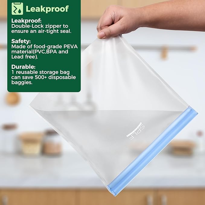 SPLF 8 Pack Stand-Up Reusable Half Gallon Freezer Bags Dishwasher Safe, Extra Thick Leakproof 1/2 Gallon Food Storage Bags, BPA Free Silicone for Meal Prep, Marinate, Veggies, Fridge Organization