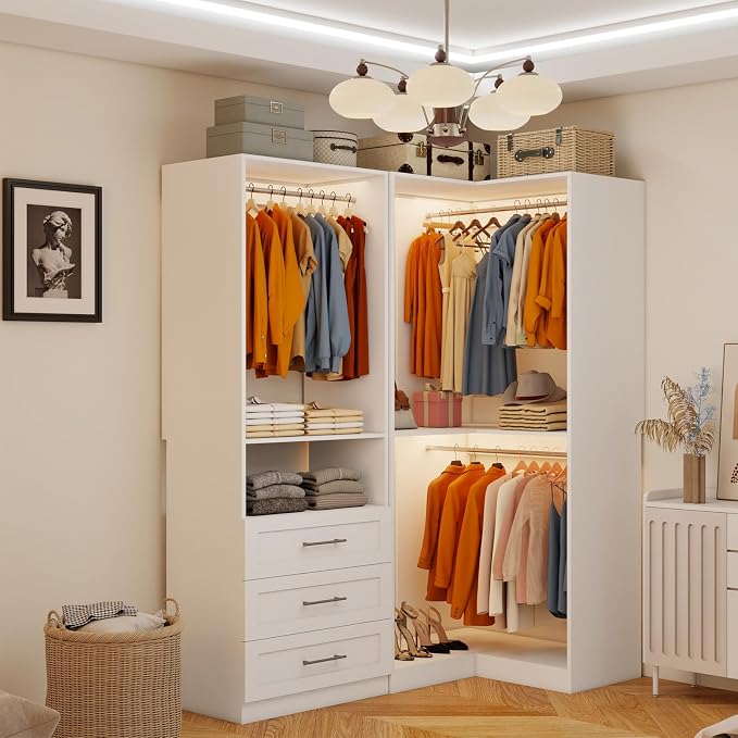 Closet System with 3 Wooden Drawers, 4.5-6FT Corner Closet Organizer System for Walk in Closet, Heavy Duty Modular Closet Systems, Built-in Shelving System with 5 Hanging Rods, 2-Piece Set