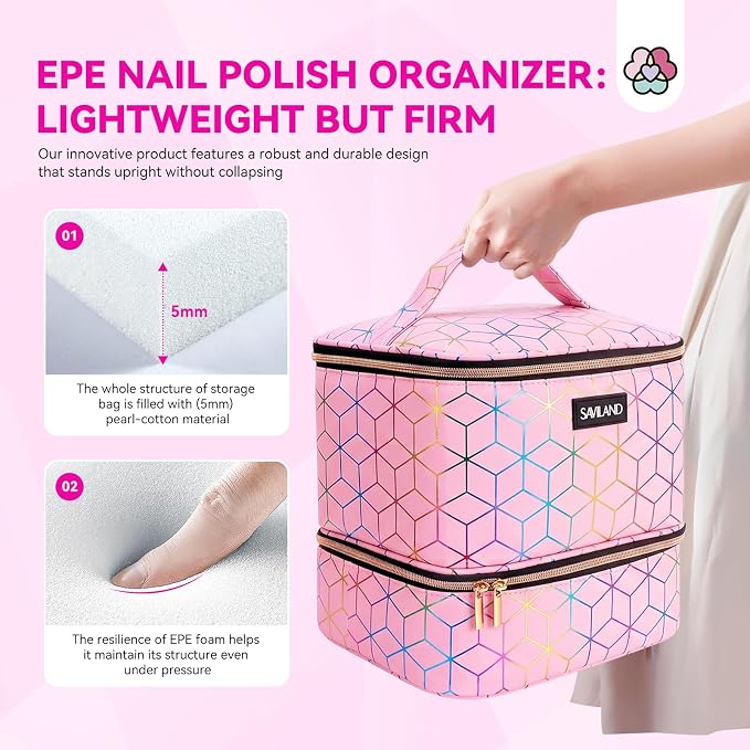 SAVILAND Nail Polish Organizer Bag: PU Leather Nail Polish Storage Organizer Holds 30 Bottles & Nail Lamp, Nail Polish Holder Travel Carrying Case Box Nail Tech Organizer Storage Bag for Nail Supplies