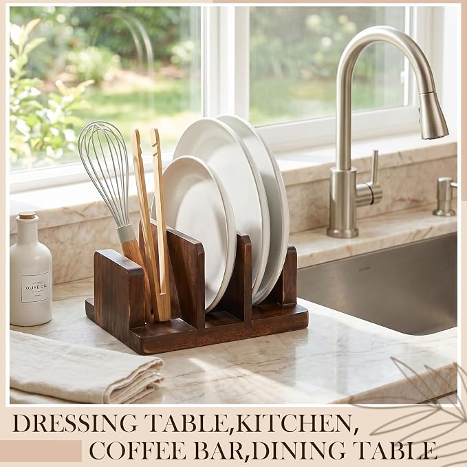 Mifoci 2 Pack Acacia Wood Cutting Board Holder, Kitchen Rack for Cutting Boards, Lids, Bakeware Storage, Countertop Pan & Tray Holder with 3 Slots, Plate Organizer for Cabinet, Baking Sheets