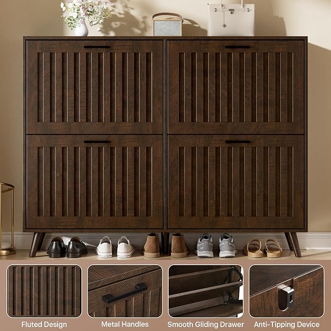 Shoe Storage Cabinet with 4 Flip Drawers, Modern Freestanding Organizer with Adjustable Shelf, Narrow Shoe Rack Cabinet for Entryway, Walnut