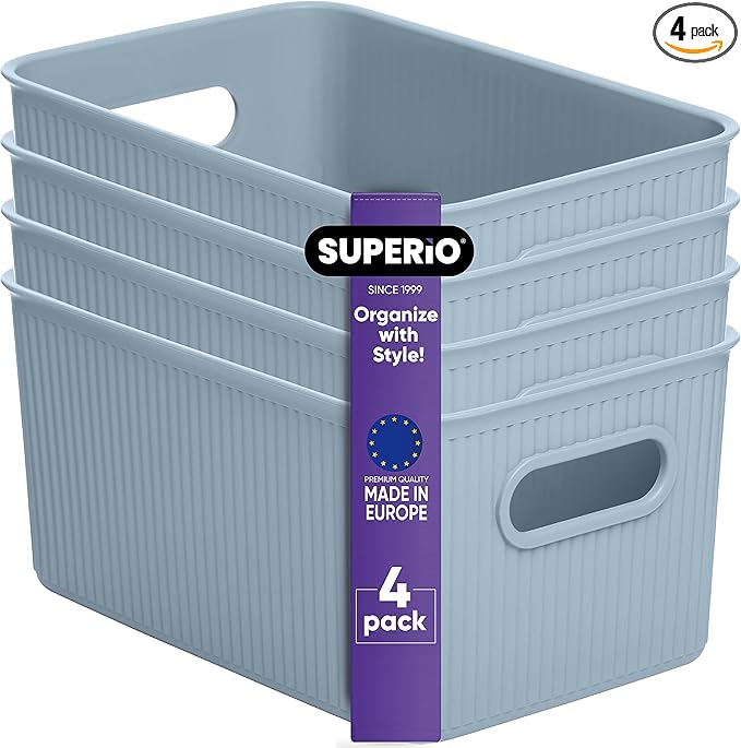 Superio Ribbed Collection - Decorative Plastic Basket Open Home Storage Bins Organizer, Medium Blue (4 Pack) Container Boxes for Organizing Closet Storage Bins for Shelves Drawer Shelf 5 Liter
