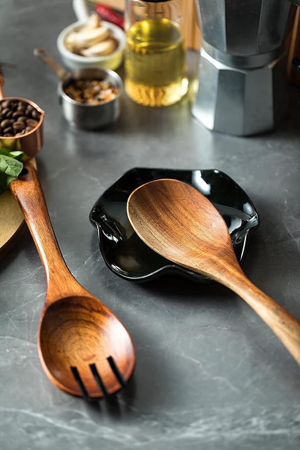 Miamolo Spoon Rest for Kitchen Counter, 5.3" Ceramic Spoon Holder for Stove Top, Heat Resistant & Dishwasher Safe Cute Spoon Rests Spatula Holder for Multiple Utensils, Farmhouse Kitchen Decor Black