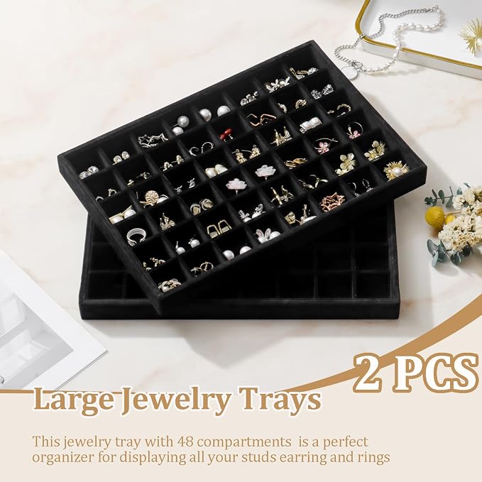 Large Jewelry Organizer for Drawer Insert Velvet Stackable Jewelry Trays for Earring Necklace Bracelet Ring Display (Black, 48 Grids)