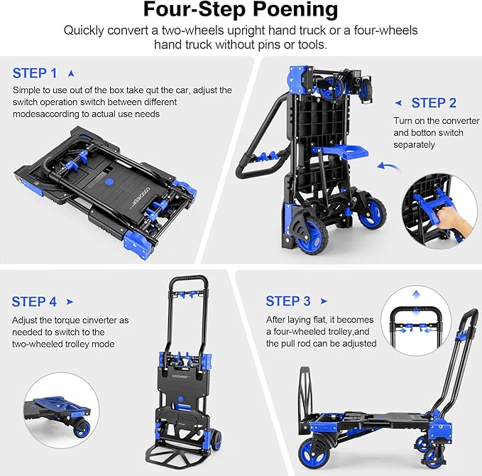 2-in-1Hand Truck Dolly Foldable with Folding Basket, 330LB Folding Hand Truck Heavy Duty Carrying, Combination of 4 Wheels and 2 Wheels Convertible Dolly Cart with Retractable Handle Dolly for Moving