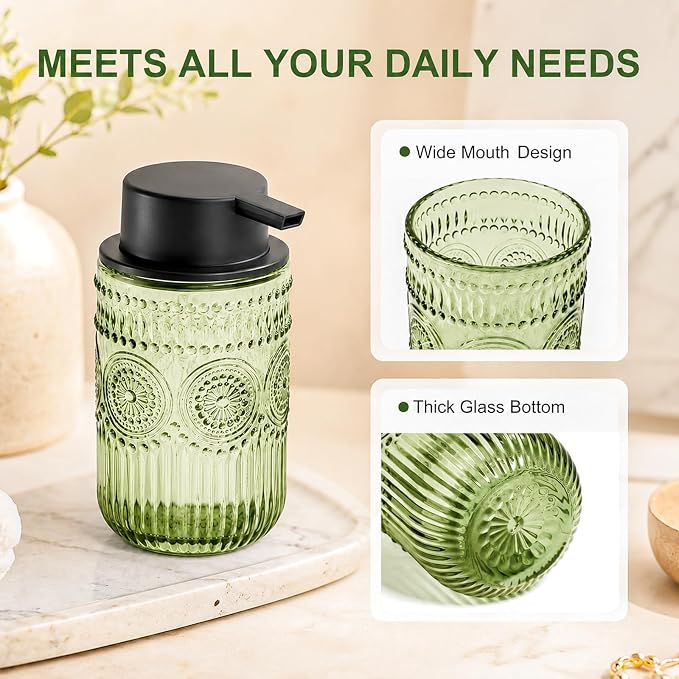 Foam Hand Soap Dispenser Glass, Green Foaming Hand Soap Dispenser | Reusable Foam Soap Dispenser with Black Foam Pump for Bathroom, Kitchen Decor,13.8 oz Large Capacity