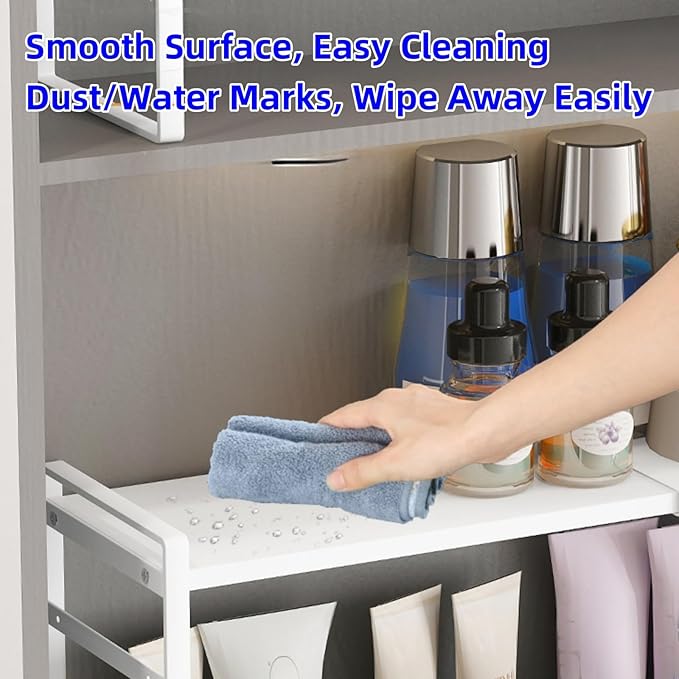 Small Expandable Medicine Cabinet Shelf, 3.58” Wide Metal Storage Stand with Adjustable Layers & Non-Slip Pads for Kitchen, Pantry, & Bathroom – White