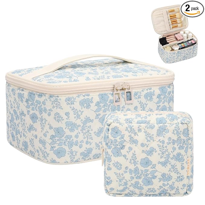 OCHEAL Makeup Bag Set, Portable Travel Makeup Bags Cosmetic Organizer Bag for Women Cute Floral Cosmetic Pouch Large Capacity Make up Bag Toiletry Bags with Divider and Handle-Floral