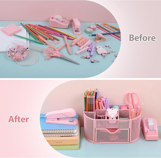 Pink Office Supplies for Desk,14pcs Desk Sets and Accessories, Office Supply Kit with Mesh Desktop Organizer and Stapler,Staple Remover, Staples,Tape Dispenser,Sticky Tabs,Scissors, Ruler