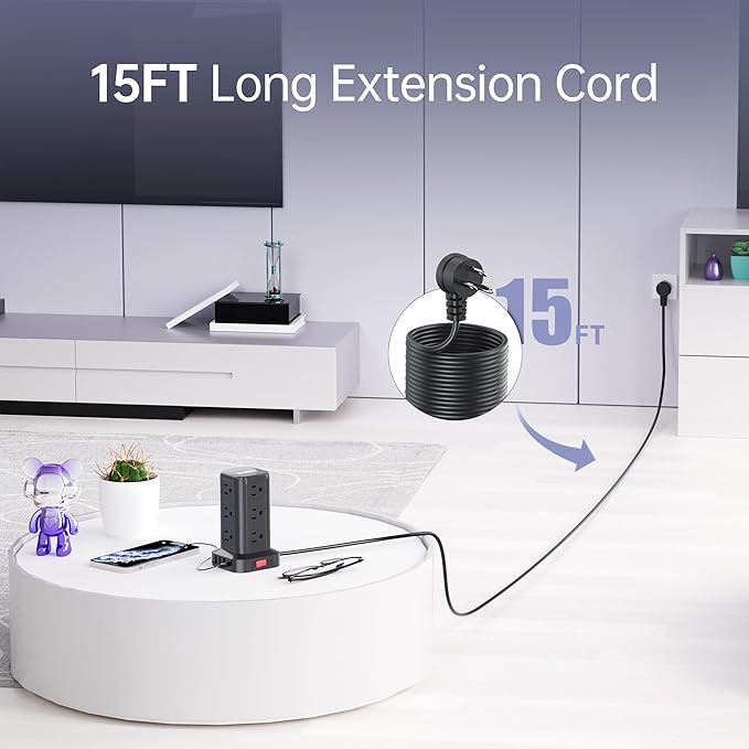 Extension Cord with Multiple Outlets, SMALLRT Surge Protector Tower, 15 FT Power Strip with USB Ports, 12 AC Outlets, Outlet Extender for Home Dorm Room Essentials, Office Supplies,Overload Protection