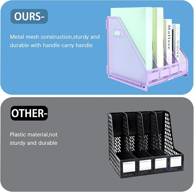 Desk Organizers Metal Magazine File Holder Racks Desktop Folder Storage Binder Organiser Document Organization for Home Office & Classroom,4 Vertical Compartments-Purple