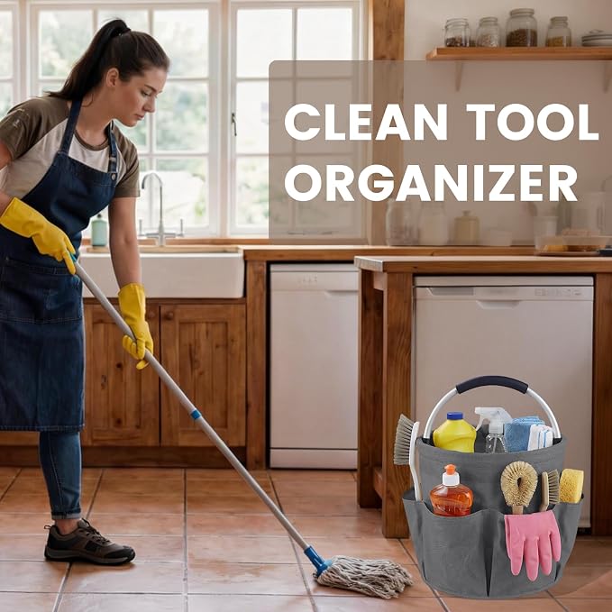 Cleaning Caddy with Handle, 17L Cleaning Supplies Organizer, Grey | 600D Oxford Fabric Storage Basket with 6 Pockets, Multifunctional Bucket Bag for Picnics, Camping, Gardening, Bathing