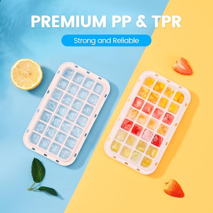 0.8“ Ice Cube Tray with Lid and Bin, PHINOX 28 Cubes Ice Trays for Freezer, Ice Cube Trays for Freezer with 1 tray, Container, Lid & Ice Scoop, BPA Free, Pink(28Cubes/Tier)