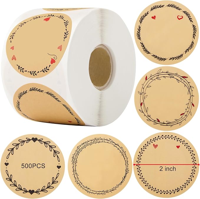 500pcs 2" Label Stickers for Jars and Lids, 6 Different Wreath Designs, Round Kraft Stickers, Canning Stickers Jam and Jelly Jar Labels, Quick-Peel Adhesive Kraft Labels for Pantry, Bottles