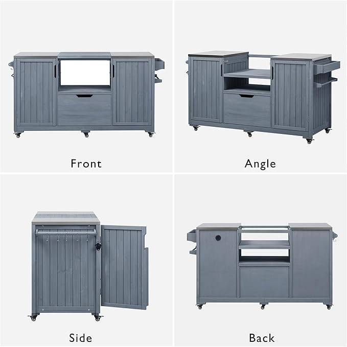 Amposei Outdoor Grill Cart Table for Large Big Green Egg Accessories 66.5’’ Solid Wood Kitchen Storage Island Prep Station with Stainless Steel Top for BBQ, Grey Blue