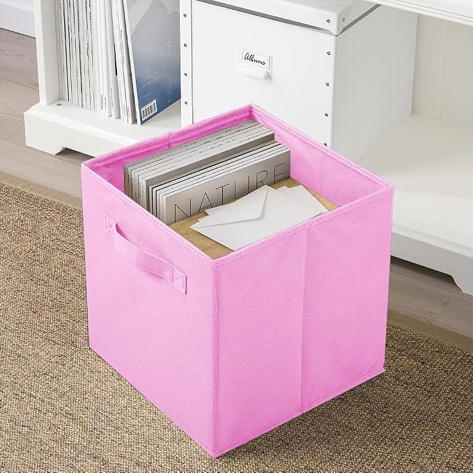 PowerKing Collapsible Storage Cubes, Farbic Storage Bins, Pink, 6 Pack | Sturdy, Lightweight, Easy Pull Handle, Closet & Shelf Organizer, Clothes and Toys Storage, 10.5'' x 11'' x 10.5''