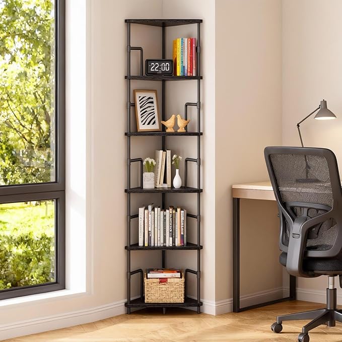 MAHANCRIS 6-Tier Corner Shelf, 65" Tall Corner Bookshelf with Metal Frame, Narrow Display Shelf Stand, Industrial Corner Bookcase for Living Room, Bedroom, Home Office, Black CSBK6601