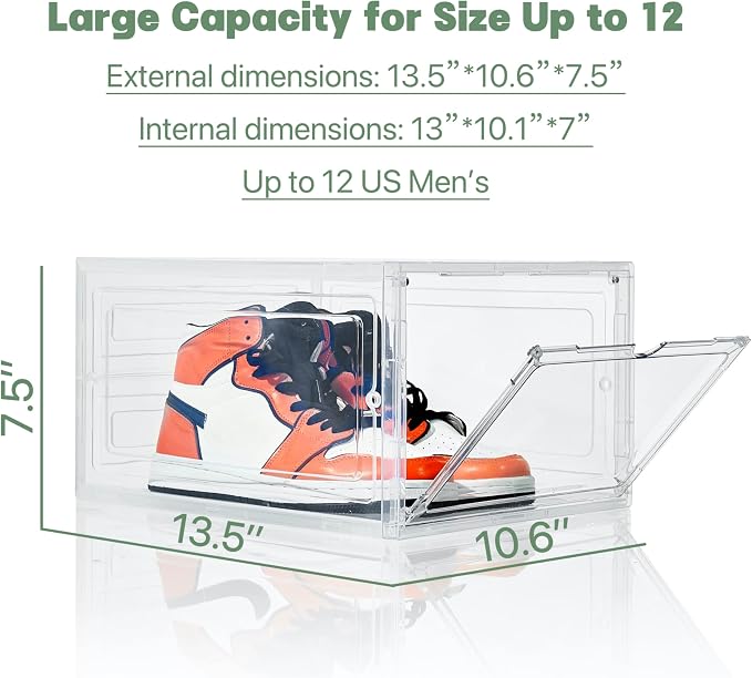 ZLLZUU Shoe Shoe Storage Boxes, 6 Pack Stackable Shoes Organizer Clear | Clear Drop Front, Dustproof Visible Magnetic Door, Stackable, Fits Up to Men's Size 12 High-Top Sneakers, Easy to Assemble