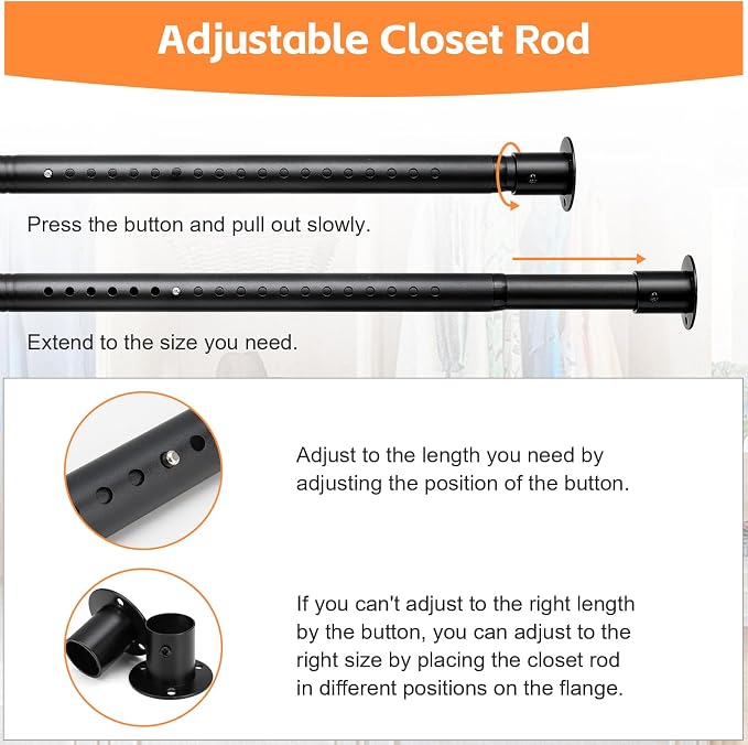 Closet Rods for Hanging Clothes, Heavy Duty Closet Rod 17-41 Inch Adjustable Clothes Hanging Bar Metal Shower Curtain Rods for Closet, Wardrobes, Bathroom, Windows