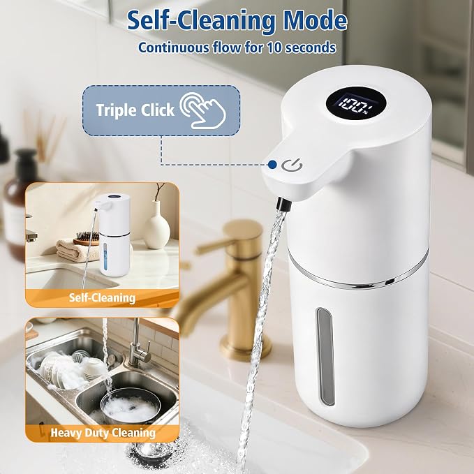 Automatic Foaming Soap Dispenser, Touchless, 350ml, White | Rechargeable Foam Soap Dispenser with Digital Display, 4 Adjustable Foam Levels, 11.8 oz Countertop or Wall Mounted