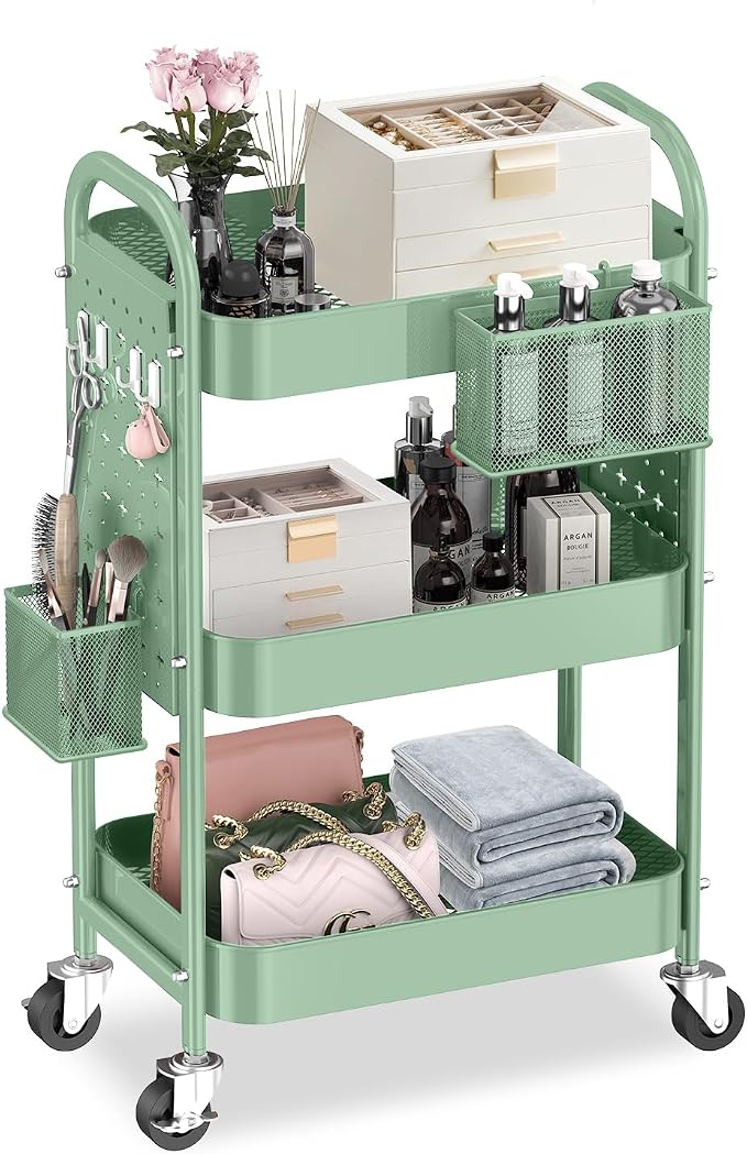 ALVOROG 3 Tier Metal Rolling Utility Cart with Pegboards,Baskets,Hook,Green | More Storage Craft Cart with Pegboards,Lockable Wheels,Hooks & Baskets to Organize Kitchen,Office,Bedroom and DIY Supplies