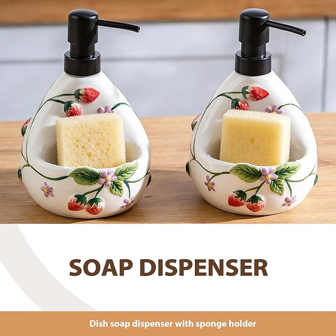 Ceramic Soap Dispenser with Sponge Holder,22oz Charming Strawberry 3D Embossed Design - 2-in-1 Kitchen Hand & Dish Liquid Soap Pump Set for Countertop Sink, Cute Cottagecore Character in White