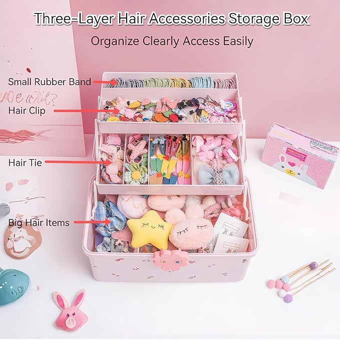 Pulseplay Hair Accessories Organizer for Girls Portable 3-Layer Plastic Storage Box with Handle Perfect for Hair Clips Bows Headbands (Pink)
