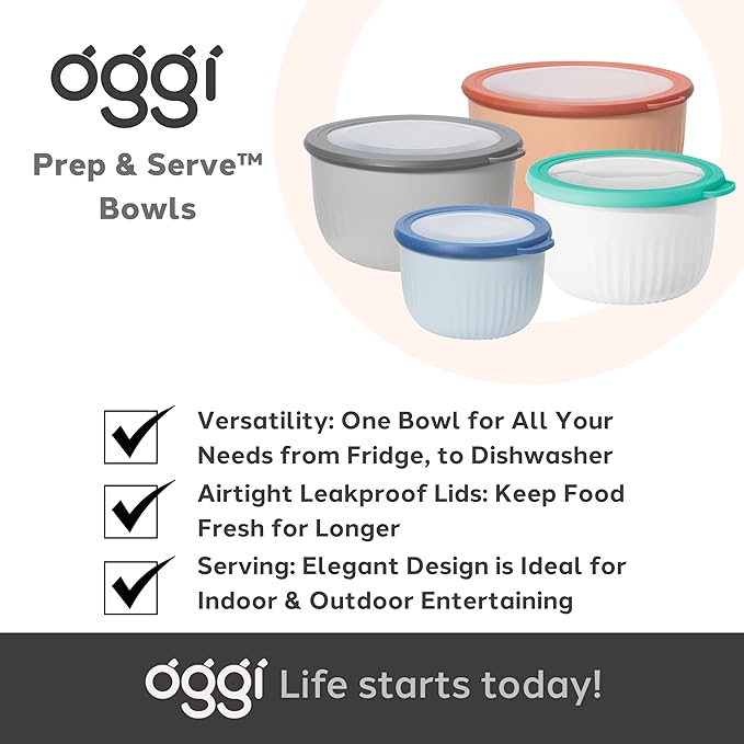 Oggi Prep, Store & Serve Plastic Bowl w/See-Thru Lid- Dishwasher, Microwave & Freezer Safe, (4 qt) Lt Gray w/Dk Gray Lid