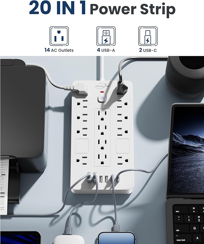 JouleLoom 2 Pack Surge Protector Power Strip-14 Outlets and 6 USB Ports, 6 Feet Flat Plug Extension Cord, 1850 Joules, White, ETL Listed for Home, Office, Dorm Room