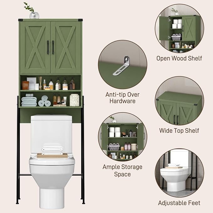 Vabches Over The Toilet Storage Cabinet, Farmhouse Over Toilet Storage Cabinet, Metal Frame with 2 Barn Doors, Home Space-Saving Toilet Rack for Bathroom, Toilet, Laundry Room.Green