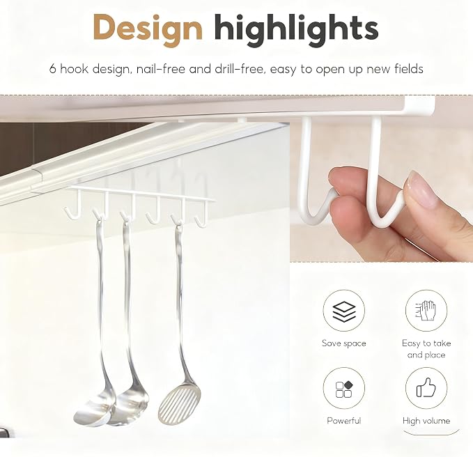 2Pcs White Mug Hanger, Under Cabinet Cup Holder Hanging Mug Organizer for Cabinet Nail Free Under Adhesive Coffee Cups Mug Holder Hanger for Cups/Kitchen Utensils/Ties Belts/Scarf/Keys Storage