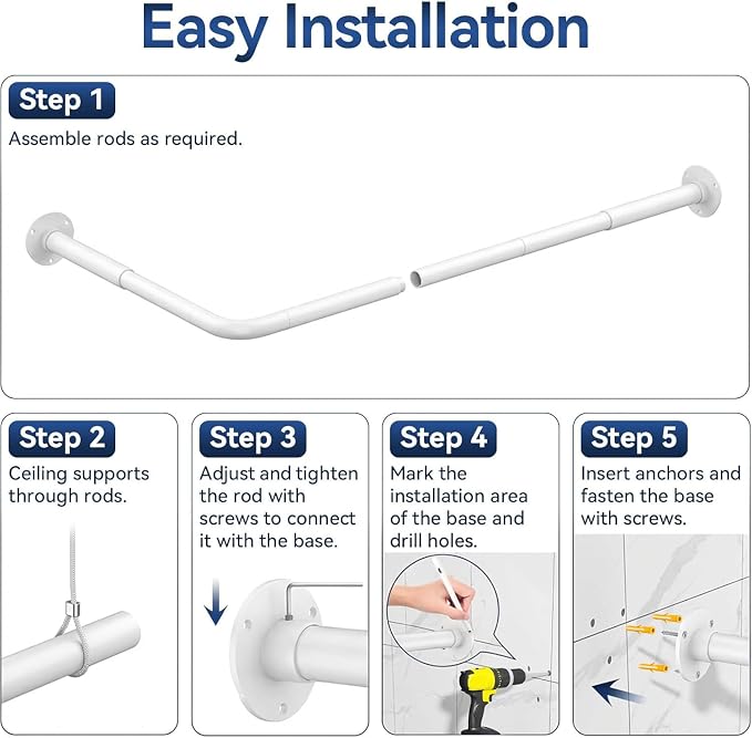 L Shaped Shower Curtain Rods, Adjustable (23''-69'' X 23''-69'') Corner Shower Rod with 12 Shower Curtain Rings, All 304 Stainless Steel, for Bathroom, Bathtub, Clothing Store, Need to Drill, White