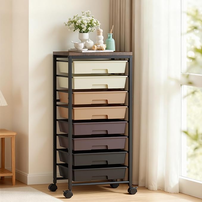 Rolling Cart with 8 Drawers, Plastic Drawer Storage Carts with Wheels & Wooden Tabletop, Metal Utility Cart Organizer for Bedroom Living Room Office Classroom Craft Organization and Storage, Brown